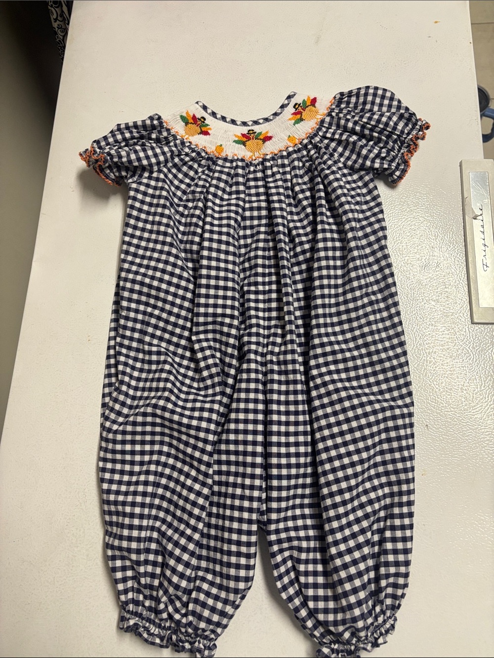 Classic Whimsy Navy Gingham Turkey Smocked Jumper